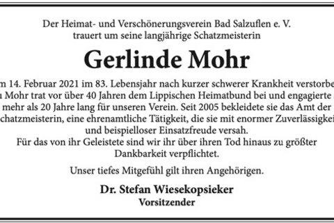 Der Heimat- und Verschönerungsverein Bad Salzuflen e. V. trauert um seine langjährige Schatzmeisterin